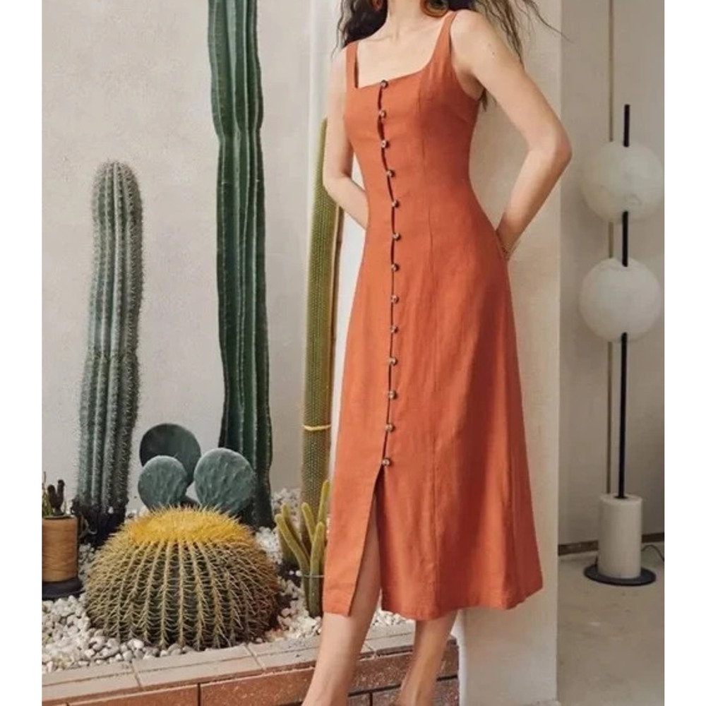 Shein Boho Midi Linen Blend Dress Sz XS Sleeveless Button Front Reddish Orange